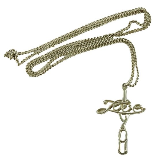 I Love You Cross Necklace Claspless Silvertone 26in Christian Religious Jewelry - Picture 2 of 5